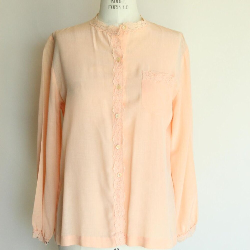 Vintage 1970s 1980s Blouse, Miss Capri Peach Shirt with Lace Trim, Grandma Core - Picture 2 of 10
